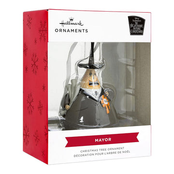 A Hallmark Disney Tim Burton's The Nightmare Before Christmas Mayor Christmas Ornament, featuring a resin depiction of the Mayor of Halloween Town wearing a suit with a spider bow tie and a 'mayor' ribbon, holding a cane, with a hanger attachment at the top.